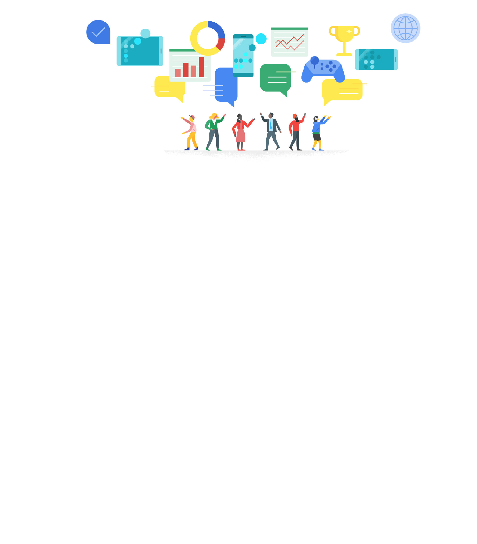 Google graphic illustration of a group of people and various icons representing work-related functions