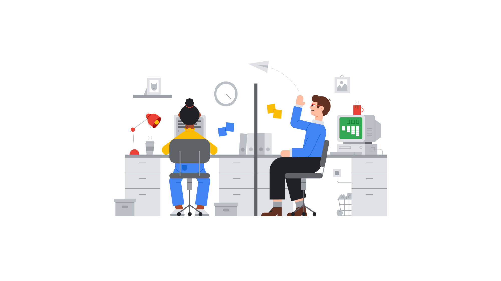 Google graphic illustration of two people working at desks