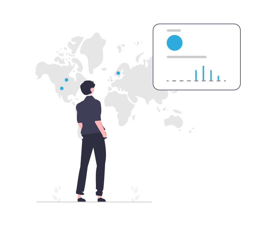 An illustration of a man in front of an atlas considering some graphs and analytics
